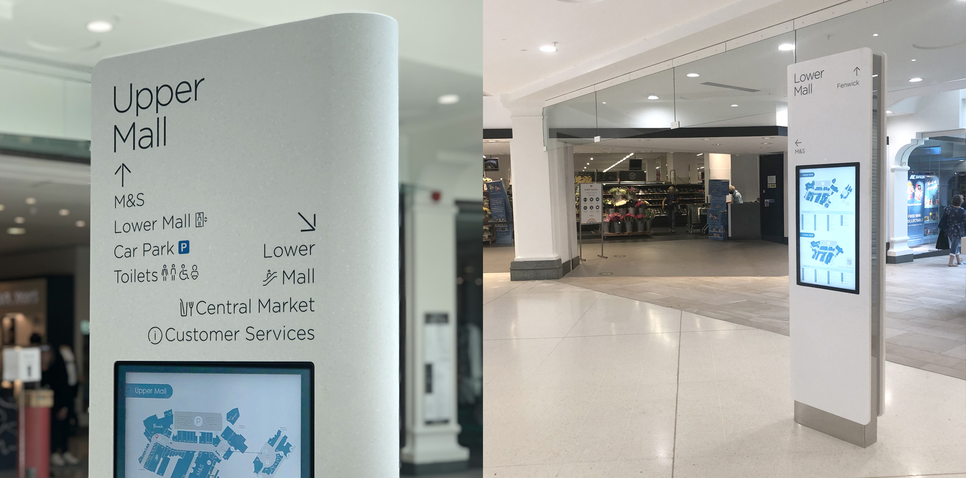 A combination of shots of digital wayfinding solutions at royal victoria place