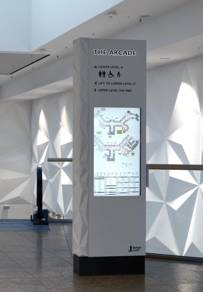 Indoor totem featuring LCD display from Merson Digital's work with Meadowhall Sheffield.