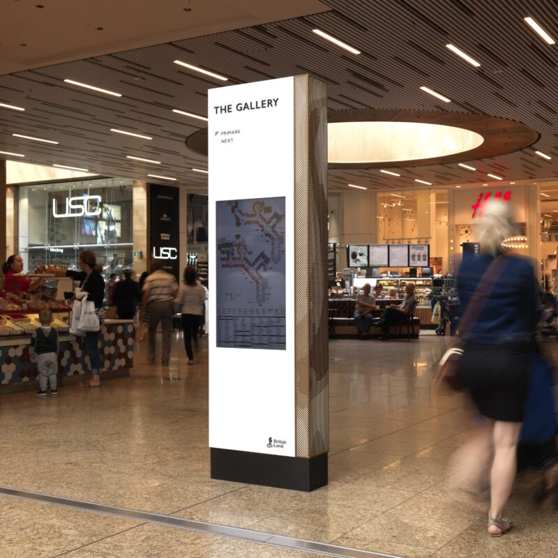 A centrally placed digital wayfinding totem