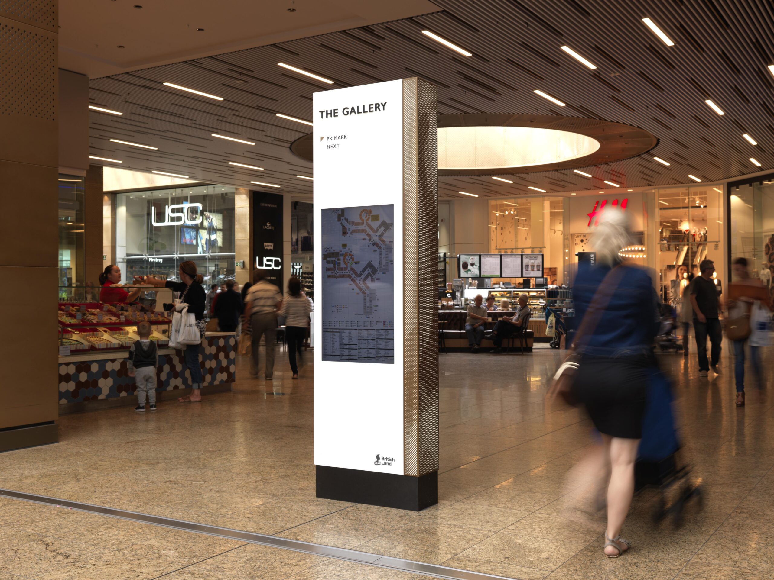 A centrally placed digital wayfinding totem