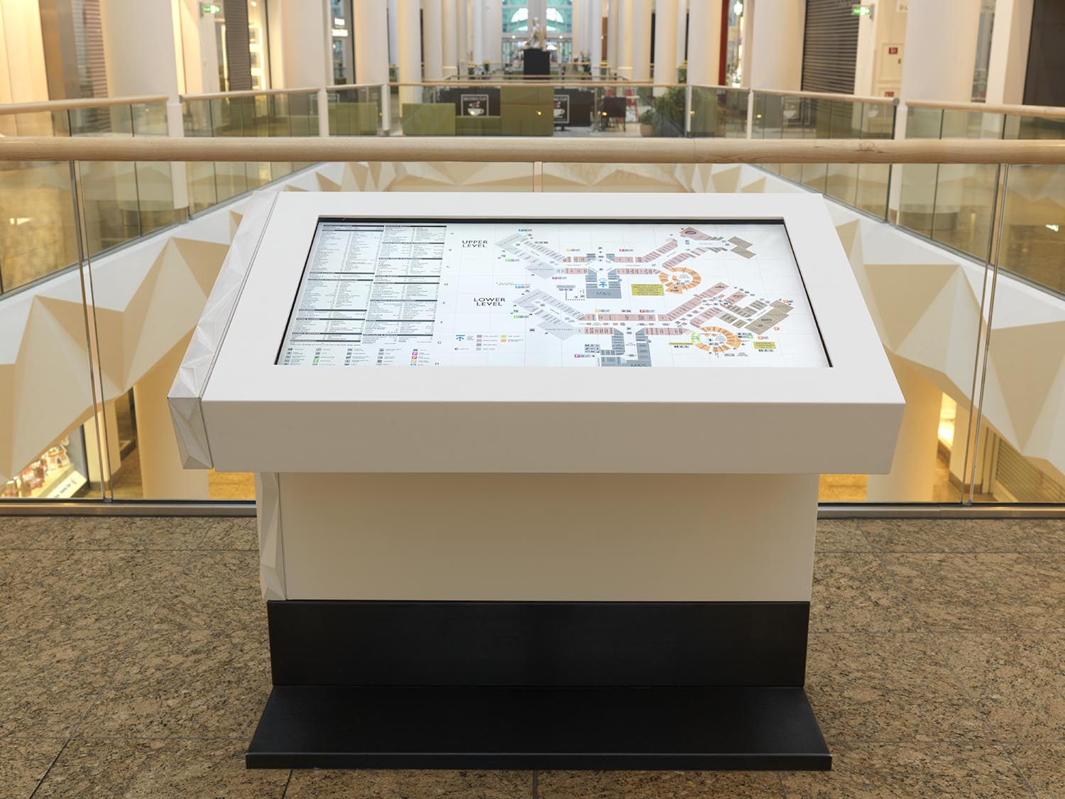 A digital wayfinding map on an indoor digital kiosk at Sheffield Meadowhall